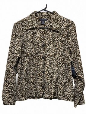 NWT Goodclothes Petite PL Leopard Print Button Front Long Sleeve Blouse